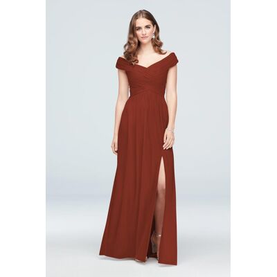 Celebrate DB Studio Crisscross Off-The-Shoulder Mesh Bridesmaid Dress in Cinnamon Size: 28 David's Bridal Celebrate DB Studio Crisscross Off-The-Shoulder Mesh Bridesmaid Dress in Cinnamon Size: 28 David's Bridal