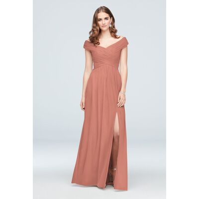 Celebrate DB Studio Crisscross Off-The-Shoulder Mesh Bridesmaid Dress in Desert Coral Size: 26 David's Bridal Celebrate DB Studio Crisscross Off-The-Shoulder Mesh Bridesmaid Dress in Desert Coral Size: 26 David's Bridal