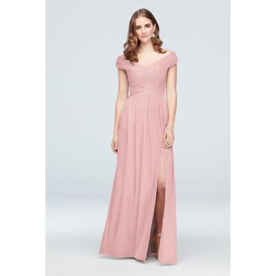 Celebrate DB Studio Crisscross Off-The-Shoulder Mesh Bridesmaid Dress in Pastel Pink Size: 18 David's Bridal Celebrate DB Studio Crisscross Off-The-Shoulder Mesh Bridesmaid Dress in Pastel Pink Size: 18 David's Bridal