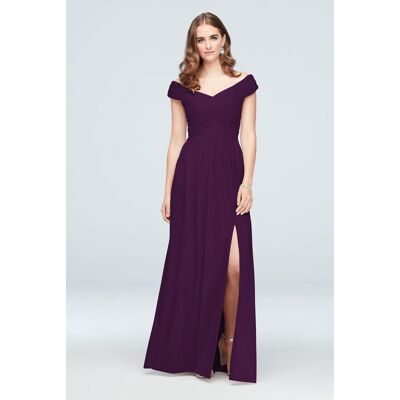 Celebrate DB Studio Crisscross Off-The-Shoulder Mesh Bridesmaid Dress in Plum Size: 24 David's Bridal Celebrate DB Studio Crisscross Off-The-Shoulder Mesh Bridesmaid Dress in Plum Size: 24 David's Bridal