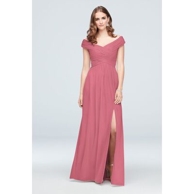 Celebrate DB Studio Crisscross Off-The-Shoulder Mesh Bridesmaid Dress in Rose Pink Size: 26 David's Bridal Celebrate DB Studio Crisscross Off-The-Shoulder Mesh Bridesmaid Dress in Rose Pink Size: 26 David's Bridal