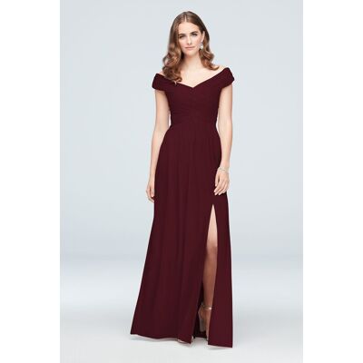 Celebrate DB Studio Crisscross Off-The-Shoulder Mesh Bridesmaid Dress in Wine Size: 26 David's Bridal Celebrate DB Studio Crisscross Off-The-Shoulder Mesh Bridesmaid Dress in Wine Size: 26 David's Bridal