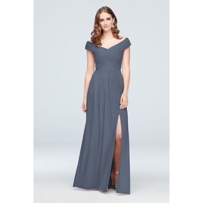 Celebrate DB Studio Crisscross Off-The-Shoulder Mesh Bridesmaid Dress in Steel Blue Size: 4 David's Bridal Celebrate DB Studio Crisscross Off-The-Shoulder Mesh Bridesmaid Dress in Steel Blue Size: 4 David's Bridal