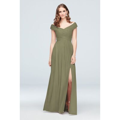 Celebrate DB Studio Crisscross Off-The-Shoulder Mesh Bridesmaid Dress in Eucalyptus Size: 22 David's Bridal Celebrate DB Studio Crisscross Off-The-Shoulder Mesh Bridesmaid Dress in Eucalyptus Size: 22 David's Bridal