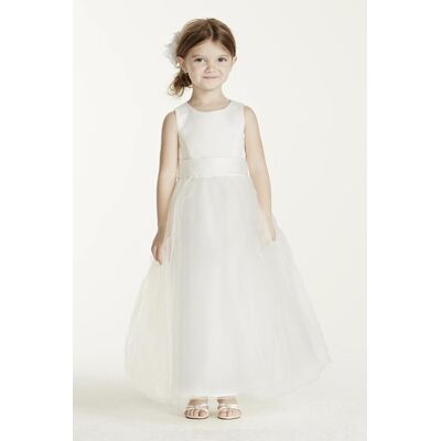 As-Is Satin Flower Girl Dress With Tulle Skirt in White Size: 7 David's Bridal As-Is Satin Flower Girl Dress With Tulle Skirt in White Size: 7 David's Bridal