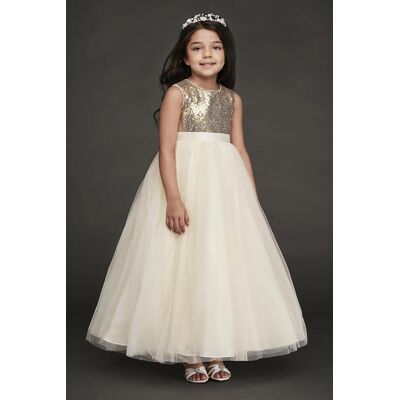 As Is Heart Back Sequin And Tulle Flower Girl Gown in Gold Size: 10 David's Bridal As Is Heart Back Sequin And Tulle Flower Girl Gown in Gold Size: 10 David's Bridal