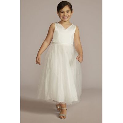 DB Studio V-Back Tulle Flower Girl Dress With Pearls And Bow in Soft White Size: 14 David's Bridal DB Studio V-Back Tulle Flower Girl Dress With Pearls And Bow in Soft White Size: 14 David's Bridal