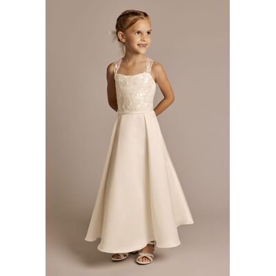 DB Studio Lace Applique Sleeveless Satin Flower Girl Dress in Ivory Size: 5 David's Bridal DB Studio Lace Applique Sleeveless Satin Flower Girl Dress in Ivory Size: 5 David's Bridal