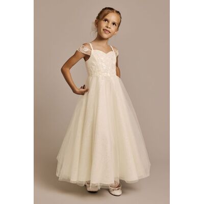 DB Studio Off-The-Shoulder Lace And Tulle Flower Girl Dress in Ivory Size: 5 David's Bridal DB Studio Off-The-Shoulder Lace And Tulle Flower Girl Dress in Ivory Size: 5 David's Bridal