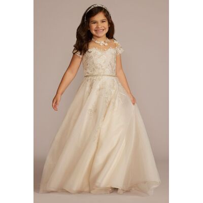 DB Studio Appliqued Cap Sleeve Lace-Up Flower Girl Dress in Ivory/Stone Size: 2T David's Bridal DB Studio Appliqued Cap Sleeve Lace-Up Flower Girl Dress in Ivory/Stone Size: 2T David's Bridal