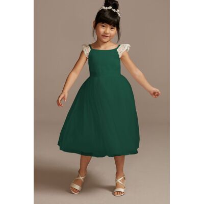 Crochet Cap Sleeve Ruffle Flower Girl Dress in Ivory/Juniper Size: 18M David's Bridal Crochet Cap Sleeve Ruffle Flower Girl Dress in Ivory/Juniper Size: 18M David's Bridal