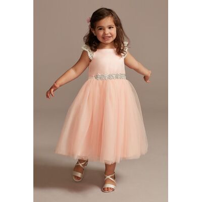 Crochet Cap Sleeve Ruffle Flower Girl Dress in Ivory/Petal Size: 4 David's Bridal Crochet Cap Sleeve Ruffle Flower Girl Dress in Ivory/Petal Size: 4 David's Bridal