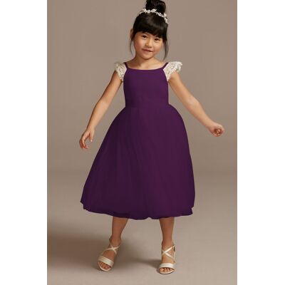 Crochet Cap Sleeve Ruffle Flower Girl Dress in Ivory/Plum Size: 12 David's Bridal Crochet Cap Sleeve Ruffle Flower Girl Dress in Ivory/Plum Size: 12 David's Bridal