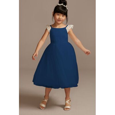 Crochet Cap Sleeve Ruffle Flower Girl Dress in Ivory/Marine Size: 10 David's Bridal Crochet Cap Sleeve Ruffle Flower Girl Dress in Ivory/Marine Size: 10 David's Bridal