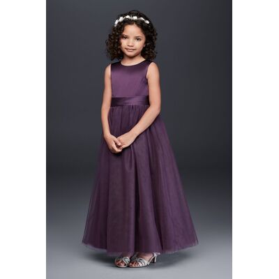 Satin Flower Girl Dress With Tulle Skirt in Plum Size: 3 David's Bridal Satin Flower Girl Dress With Tulle Skirt in Plum Size: 3 David's Bridal