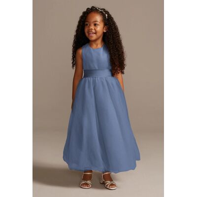 Satin Flower Girl Dress With Tulle Skirt in Steel Blue Size: 14 David's Bridal Satin Flower Girl Dress With Tulle Skirt in Steel Blue Size: 14 David's Bridal