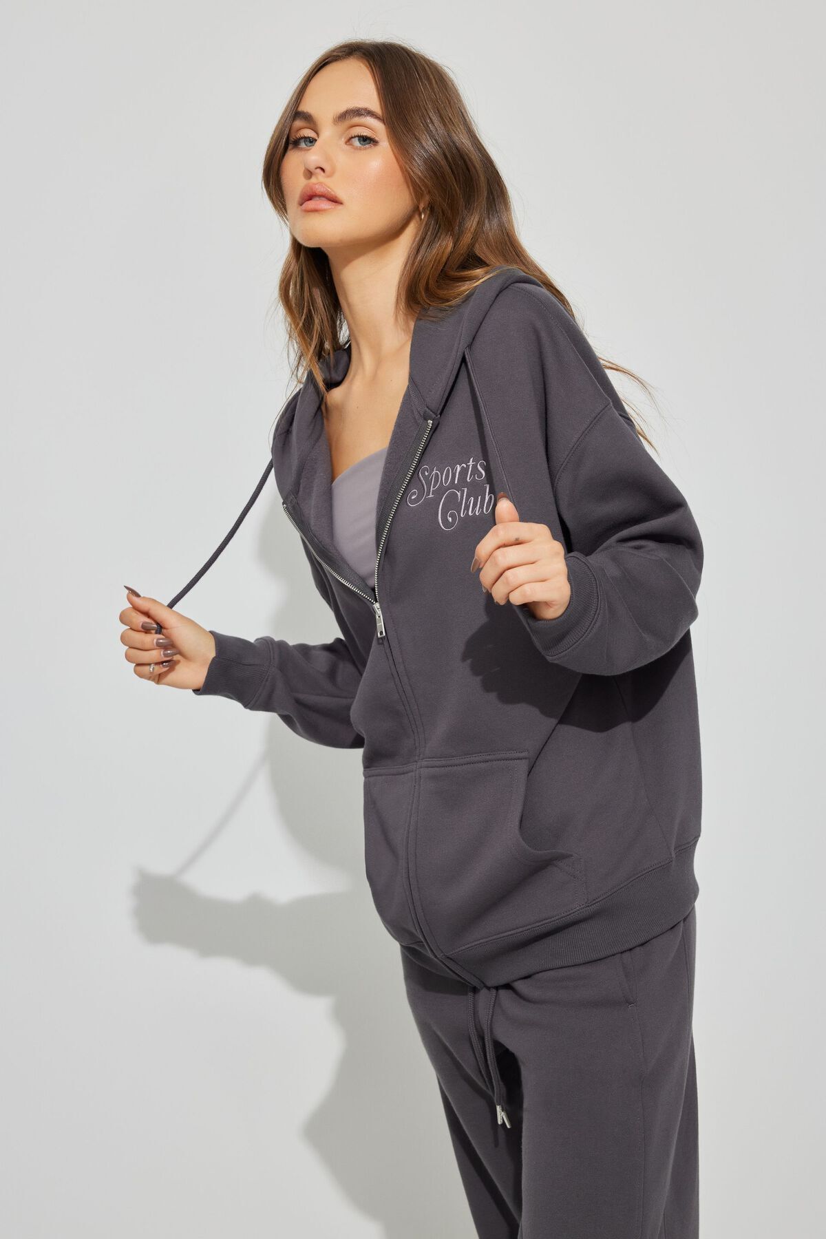 Garage Oversized Hoodie Zippie Forged Iron Grey With "Sports Club" Art L Women