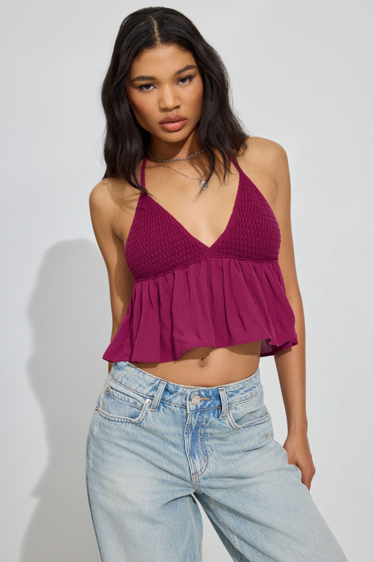 Garage Crochet Halter Top Plum Red S Women