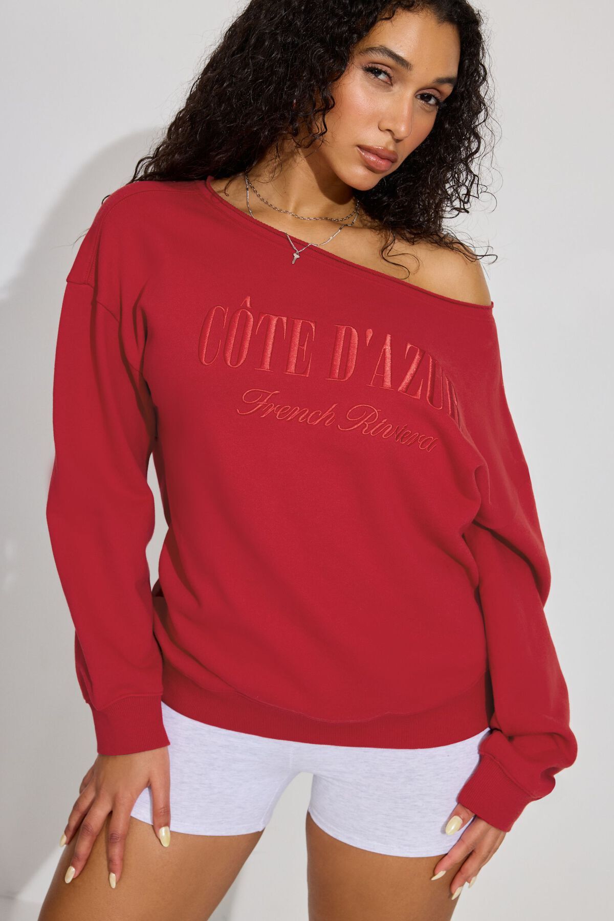 Garage Soft Terry Off Shoulder Sweatshirt Jester Red With 'Cote D'azur" Art S Women