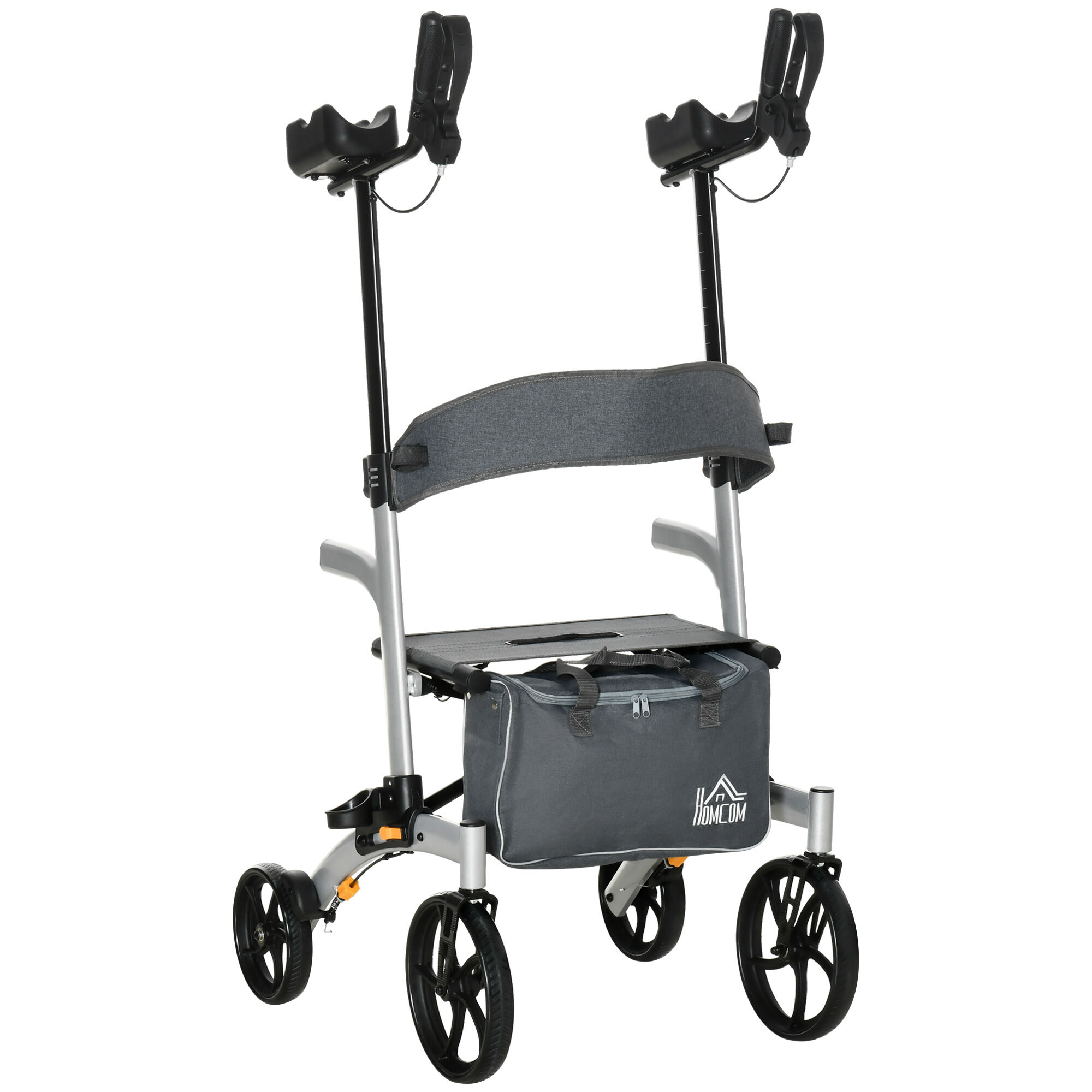 HOMCOM Aluminum Forearm Rollator Walker w/ 10" Wheels, Seat & Backrest, Folding Upright Walker w/ Adjustable Handle & Storage Bag for Seniors, Silver