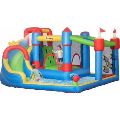 Outsunny 6-in-1 Inflatable Bounce House, Kids Outdoor Play Castle with Slide Trampoline Water Gun Throwing Wall Blue and Yellow Aosom.com Outsunny 6-in-1 Inflatable Bounce House, Kids Outdoor Play Castle with Slide Trampoline Water Gun Throwing Wall Blue and Yellow Aosom.com