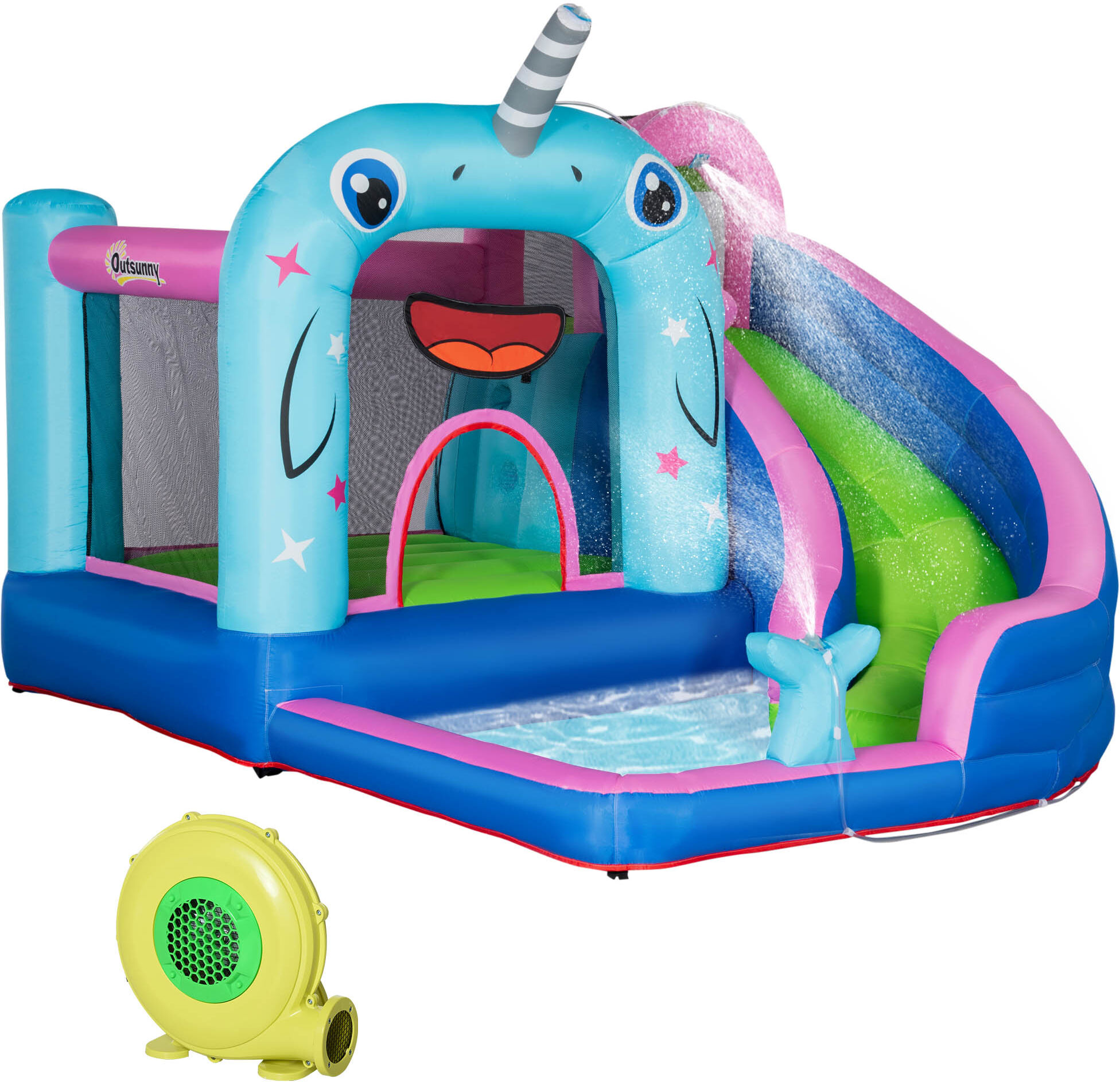 Outsunny 5-in-1 Inflatable Water Slide Kids Bounce House Narwhals Theme Water Park Includes Slide Trampoline Pool Cannon Climbing Wall and Air Blower