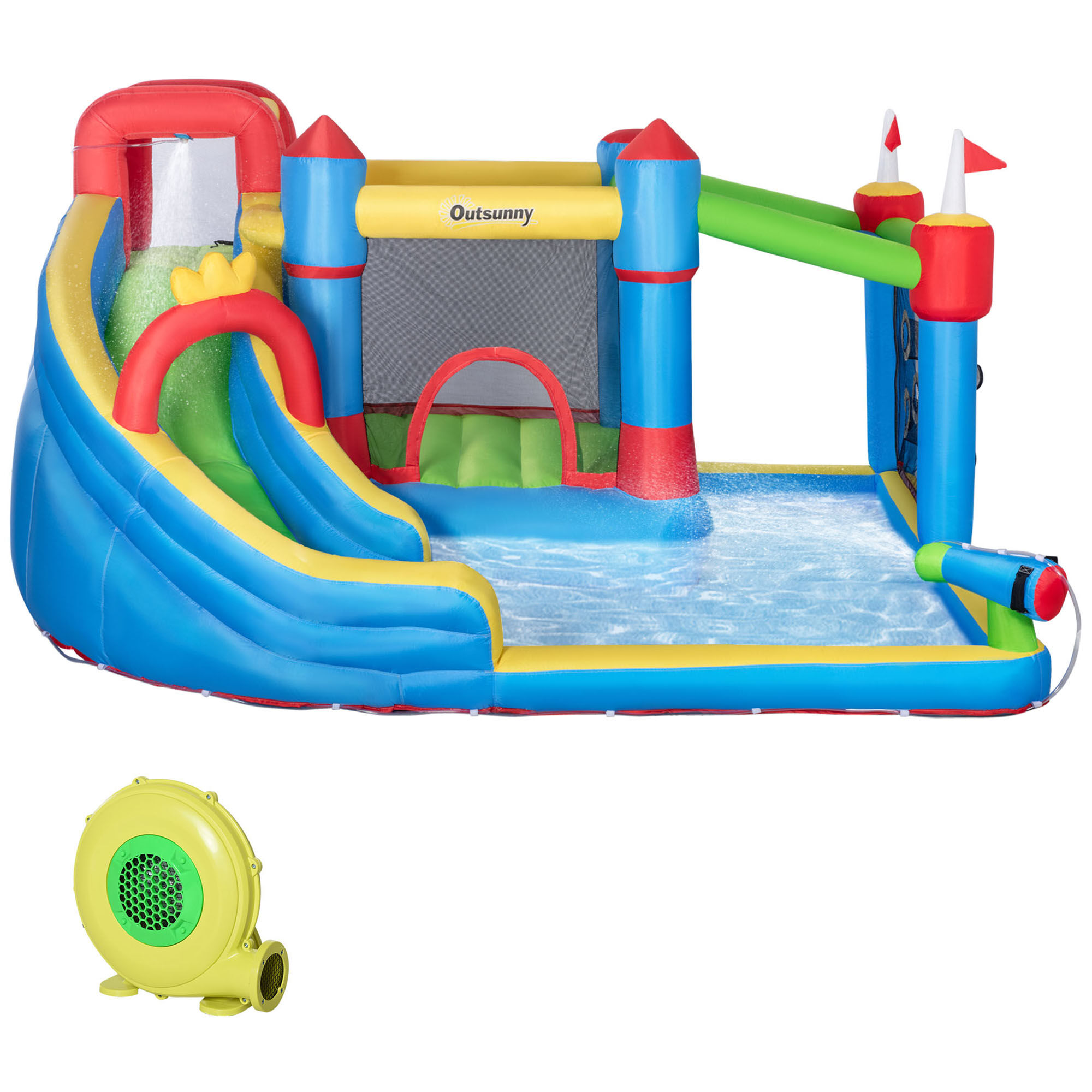 Outsunny Inflatable Water Slide Park 6-in-1 Kids Bounce House Castle with Pool Cannon Slide Trampoline Throwing Wall 450W Blower   Aosom.com
