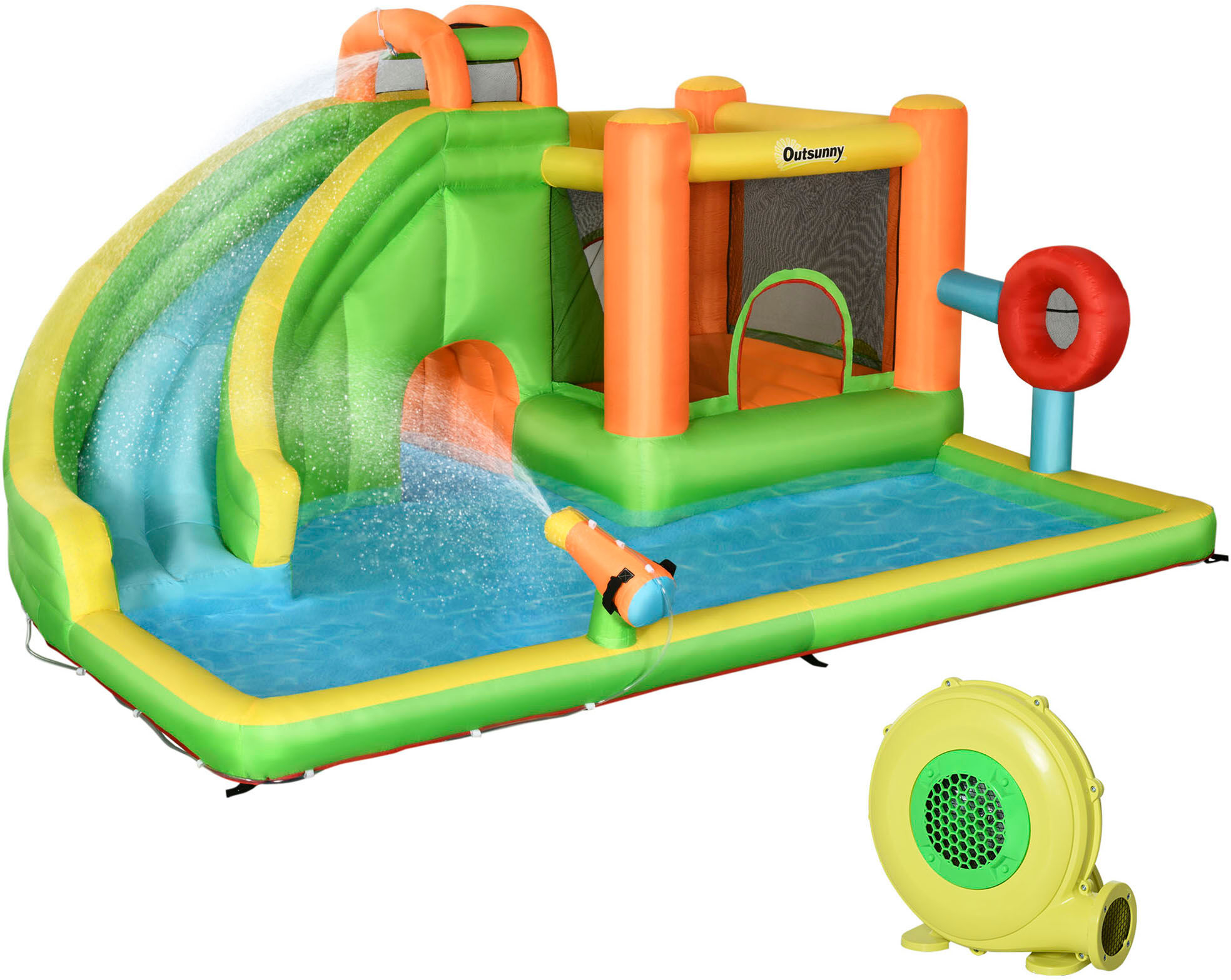 Outsunny 7-in-1 Inflatable Water Slide, Kids Castle Bounce House Includes Slide, trampoline, Pool, Ball-target, Boxing Post, Tunnel, 750W Air Blower