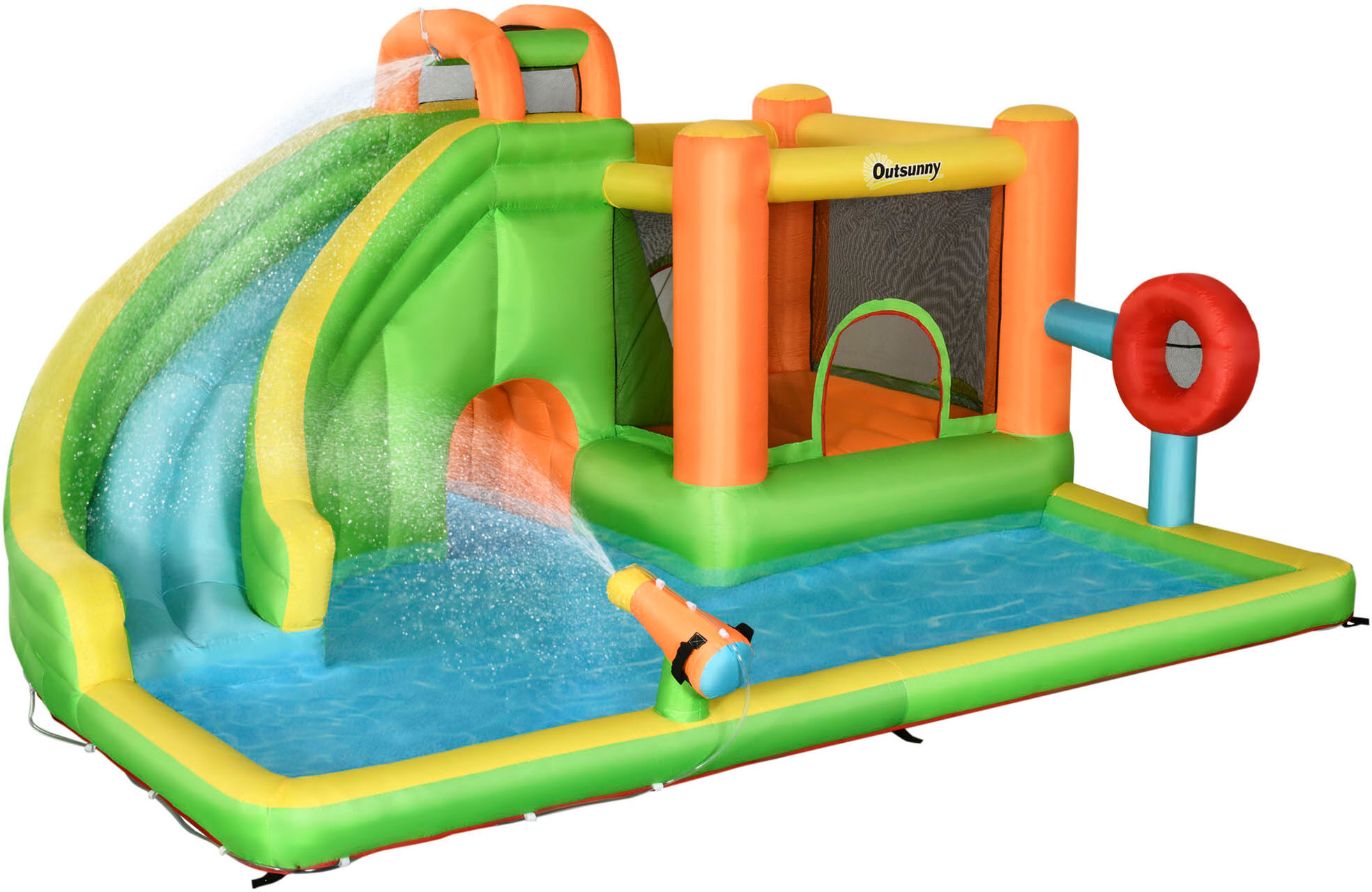 Outsunny 7-in-1 Inflatable Water Slide, Kids Castle Bounce House with Slide, trampoline, Pool, Ball-target, Boxing Post, Tunnel Without Air Blower