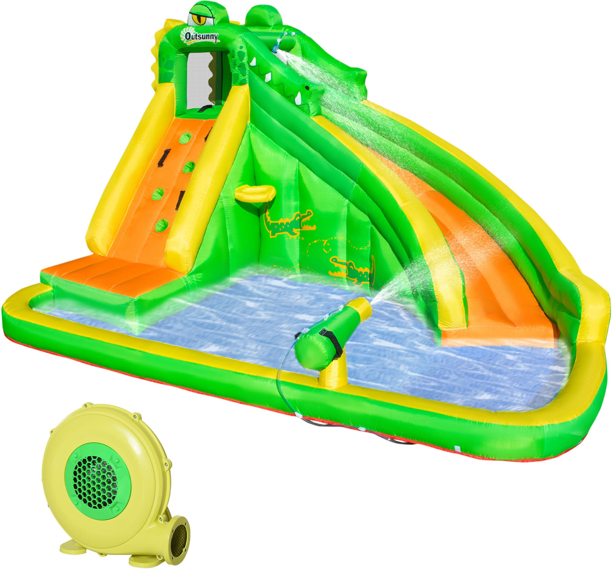 Outsunny 6 in 1 Inflatable Water Slide Crocodile Style Water Park Bounce House Castle with Slide, Pool, Basket, Climbing Wall, Include Air Blower