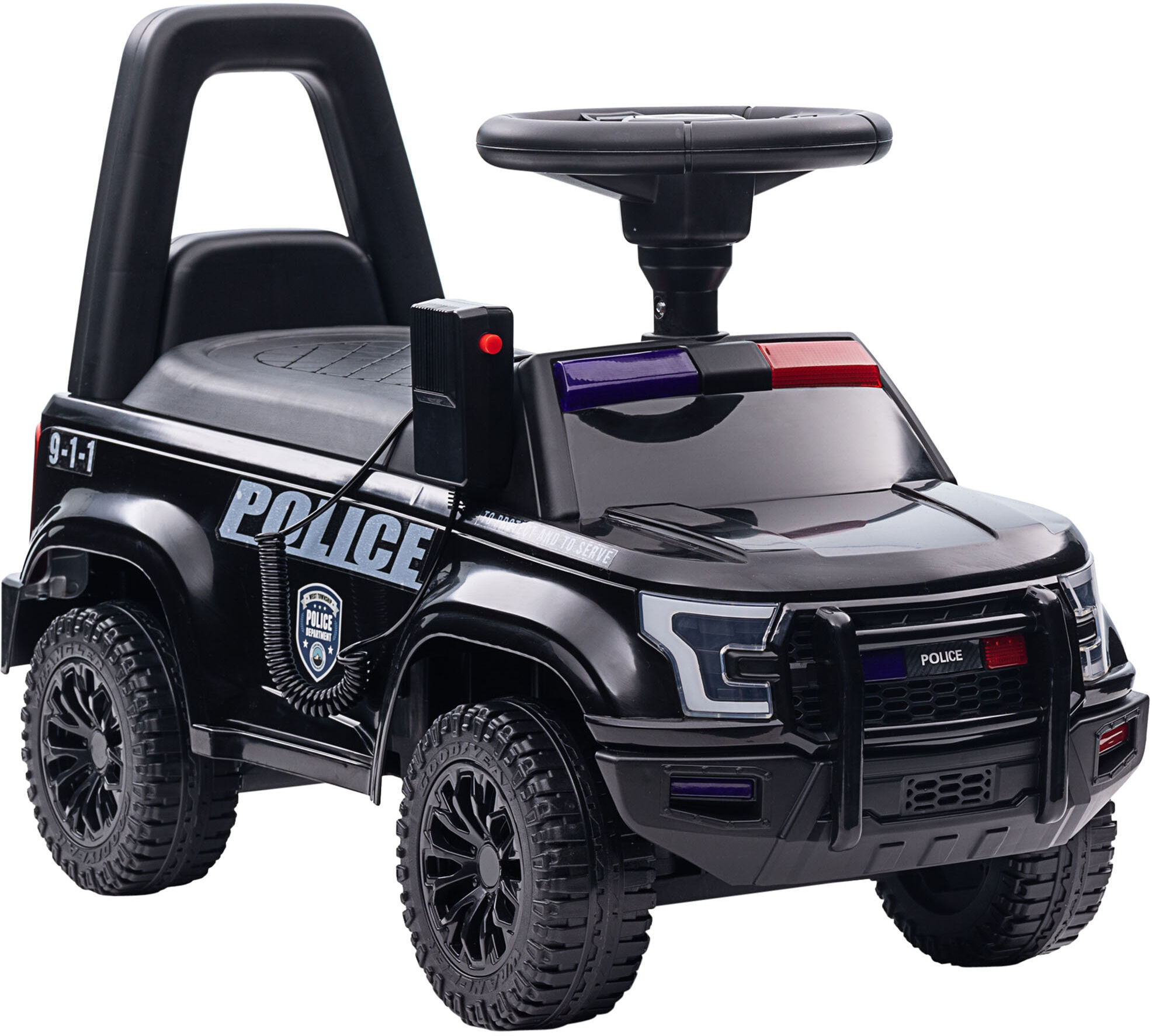 Aosom Kids Police Car Ride-On with Megaphone, Sliding Toy Car, Hidden Storage, Removable Backrest, Black for Ages 1.5-5   Aosom.com