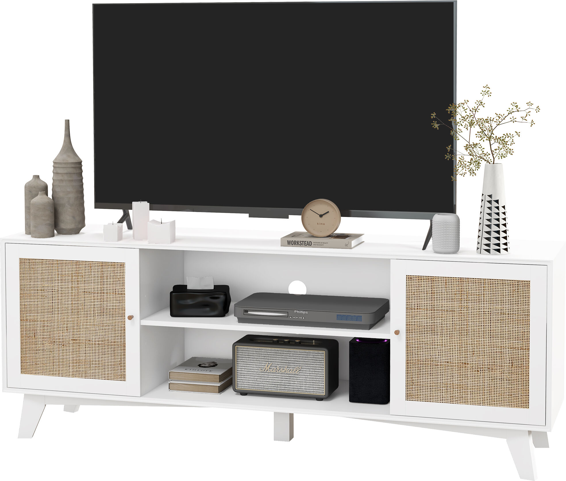 HOMCOM TV Stand for 65-Inch TV with 2 Rattan Doors Adjustable Shelves Cable Holes 4 Open Compartments   Aosom.com