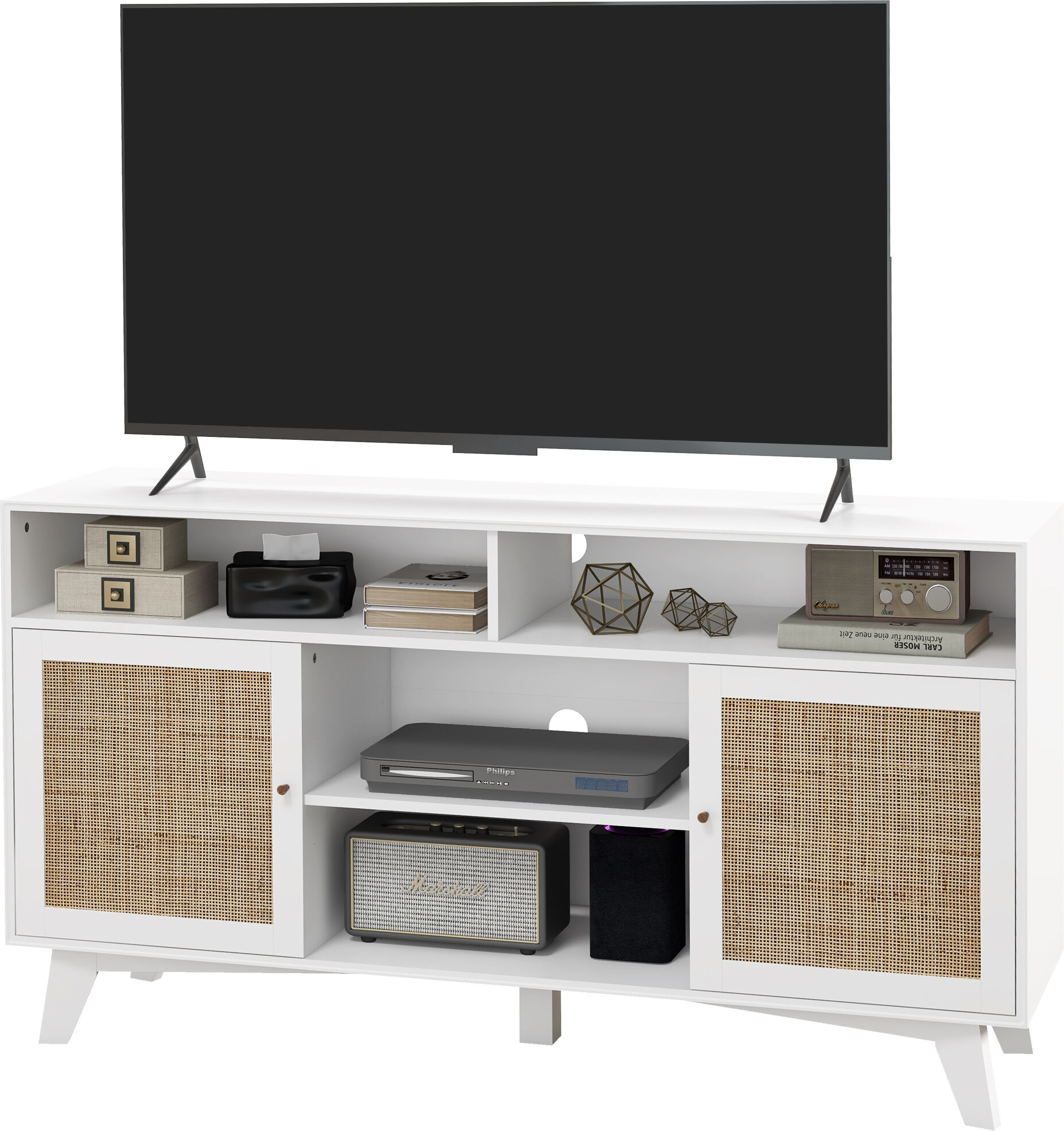 HOMCOM TV Stand for 65-Inch TV with 2 Rattan Doors Adjustable Shelves 4 Open Compartments Cable Management   Aosom.com