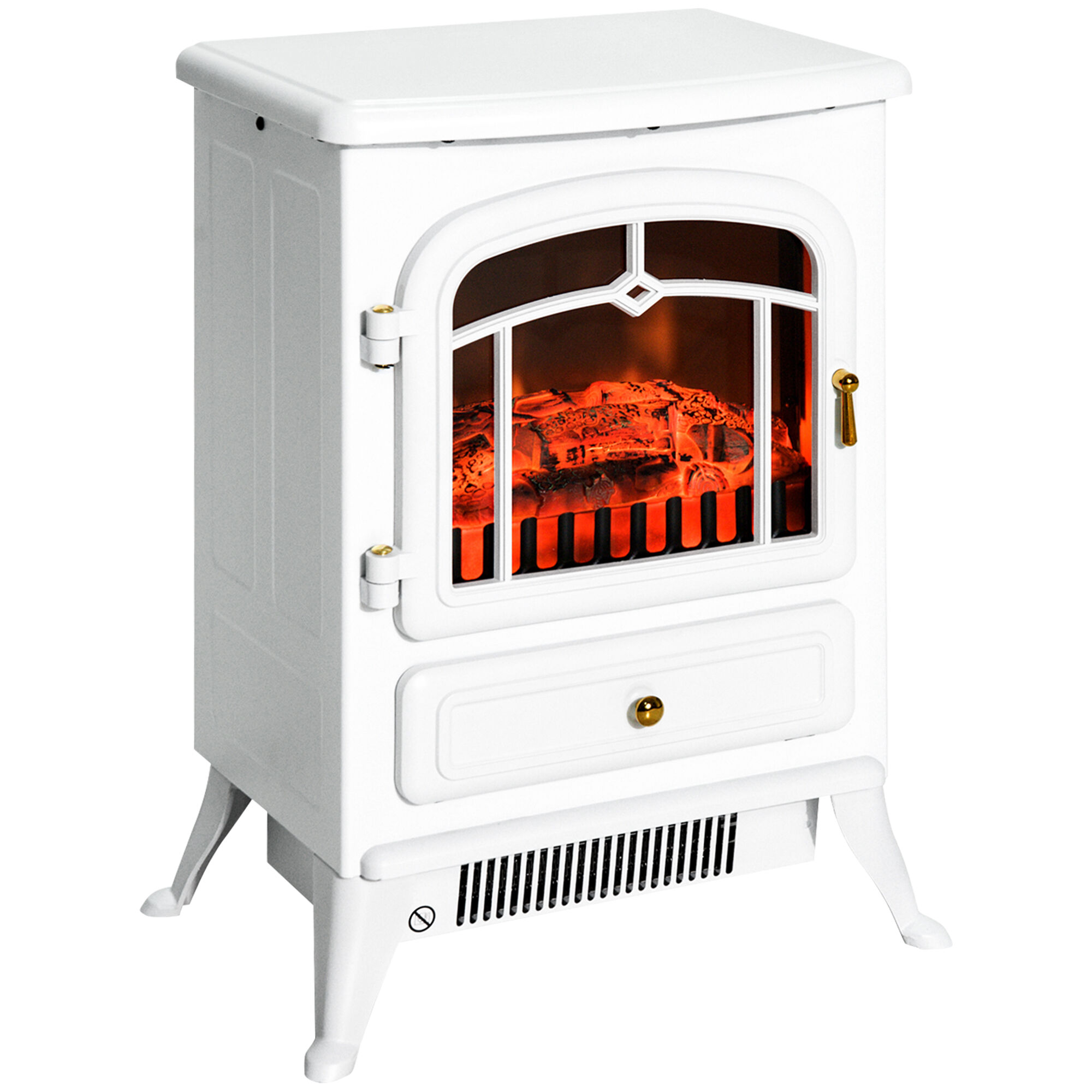 HOMCOM Electric Fireplace Heater, White Fireplace Stove with Realistic LED Log Flames and Overheating Safety Protection, 750/1500W