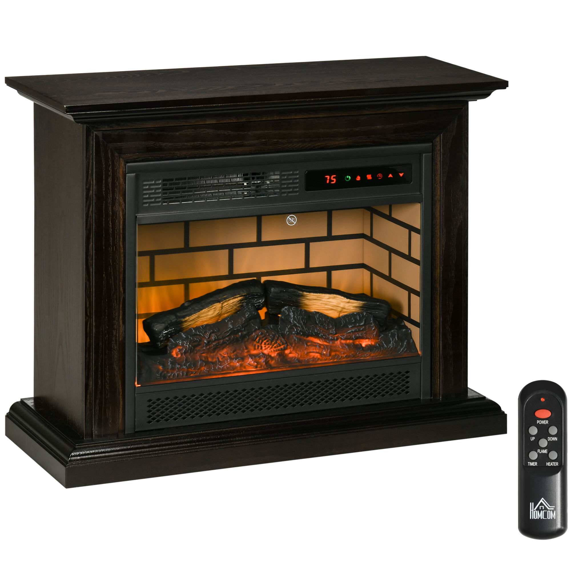 HOMCOM 31" Electric Fireplace with Dimmable Flame Effect and Mantel, Free Standing Electric Fireplace with Log Hearth and Remote Control, 1400W, Brown
