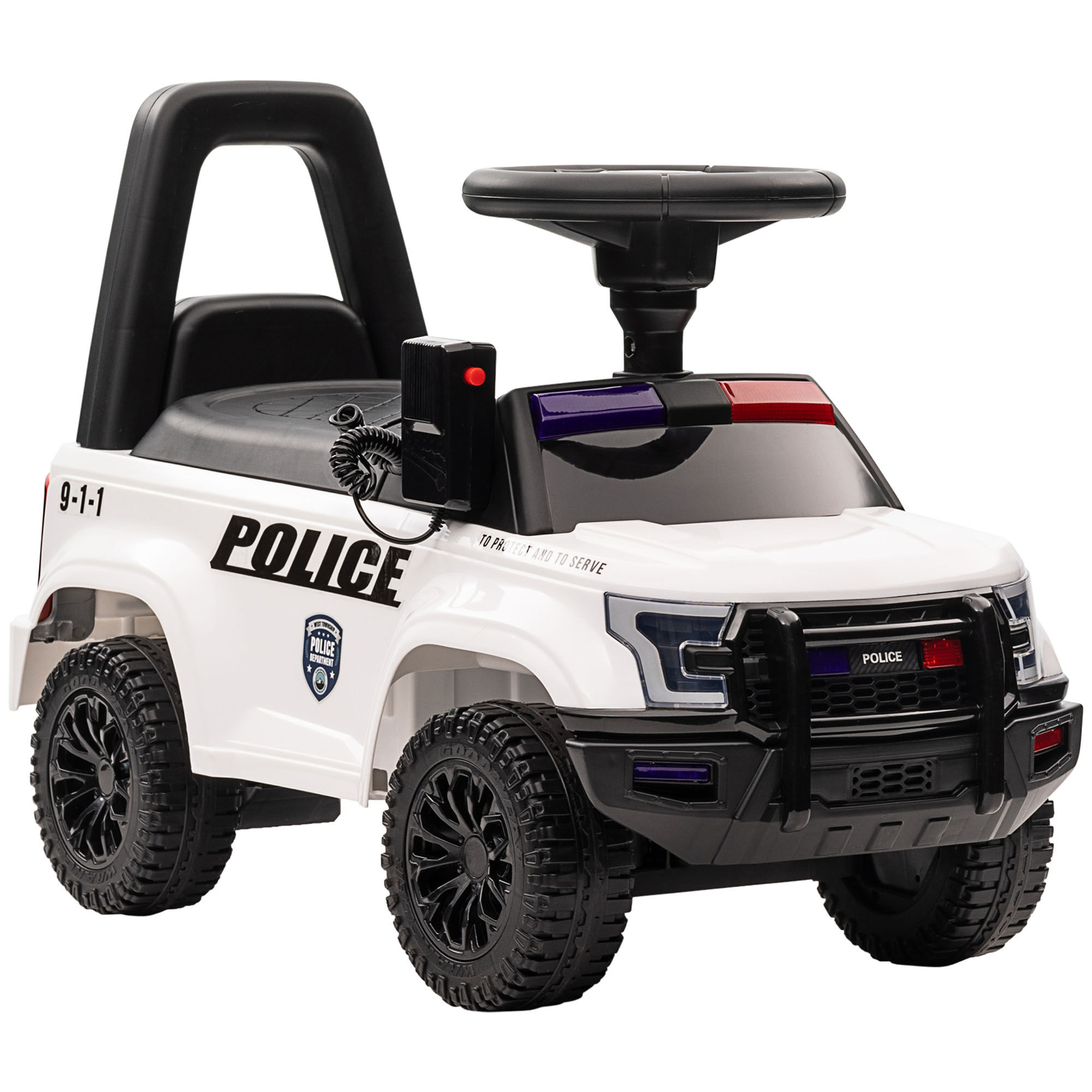 Aosom White Ride-On Push Police Car for Toddlers, Foot-to-Floor Sliding Toy, Hidden Storage, Removable Backrest for Ages 1.5-5   Aosom.com