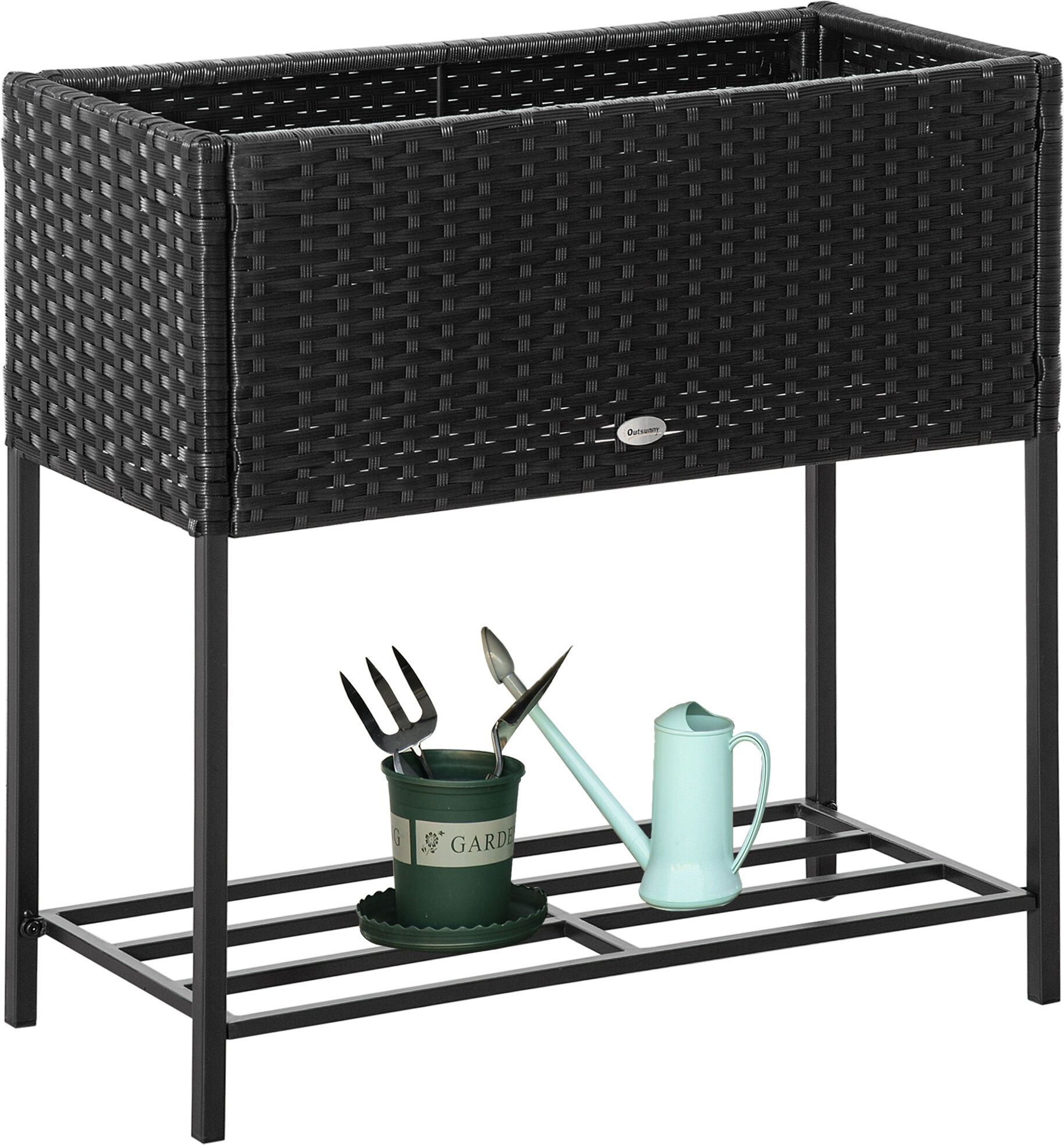 Outsunny Elevated Garden Bed Metal with Rattan Look Tool Storage Underneath Modern Design Black   Aosom.com