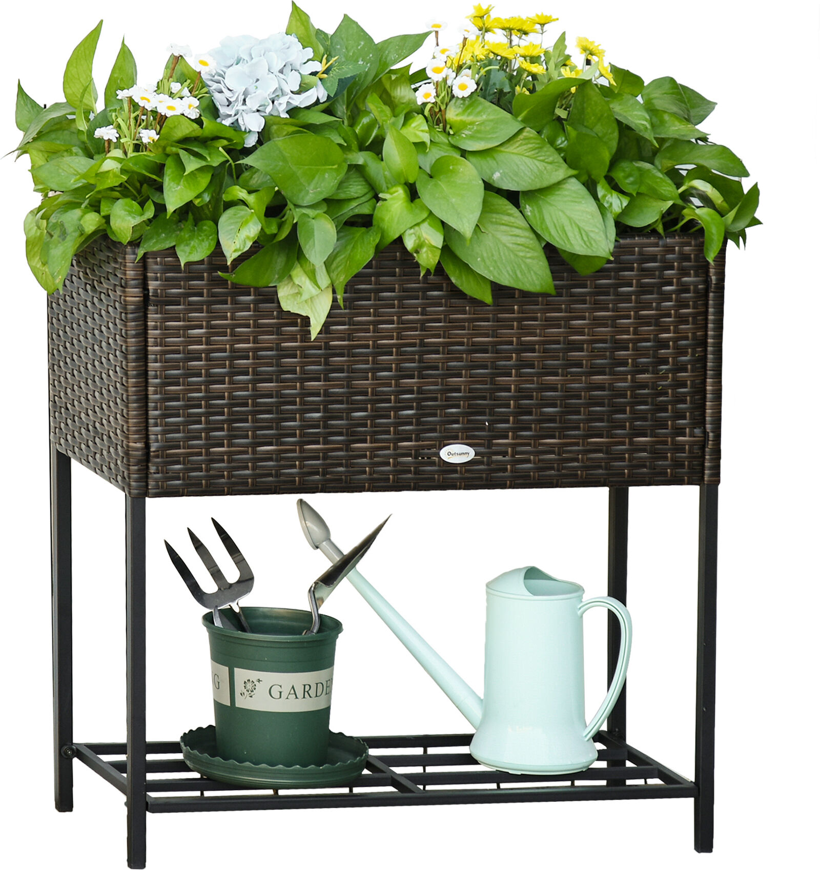 Outsunny Rattan Planter Box Indoor/Outdoor with Tool Storage Rack Elevated Work Area 28" H   Aosom.com