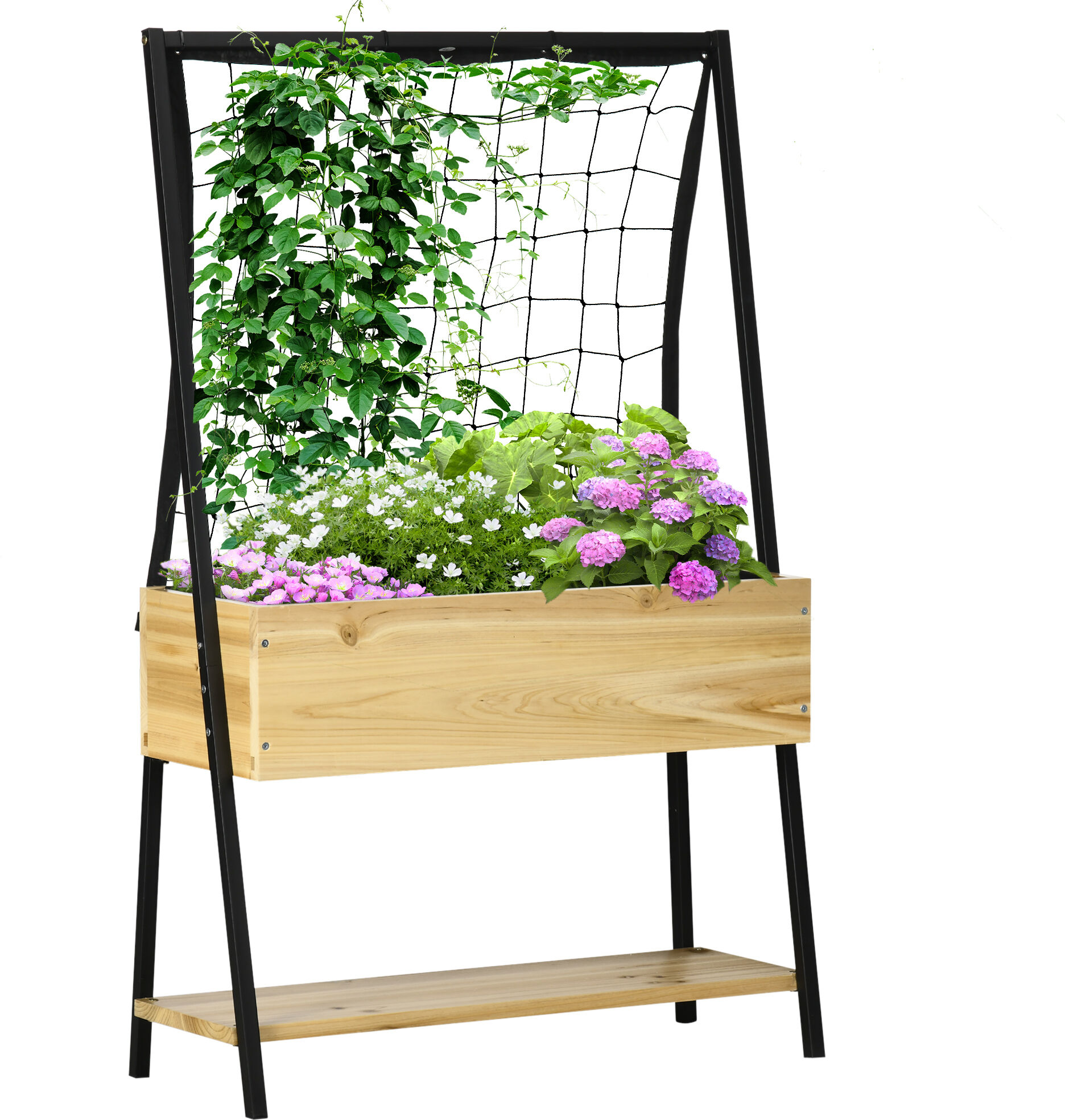 Outsunny Raised Garden Bed with Climbing Grid Trellis & Storage Shelf, Elevated Planter Box for Vegetable Vines, Climbing Plants, Natural