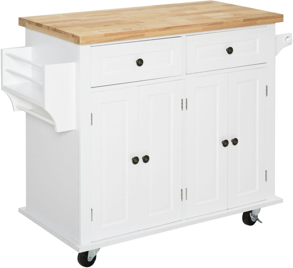 HOMCOM Kitchen Island on Wheels, Movable Island Cart for Kitchen , Wood Top, Spice Rack, Towel Rack & Drawers for Dining Room, White