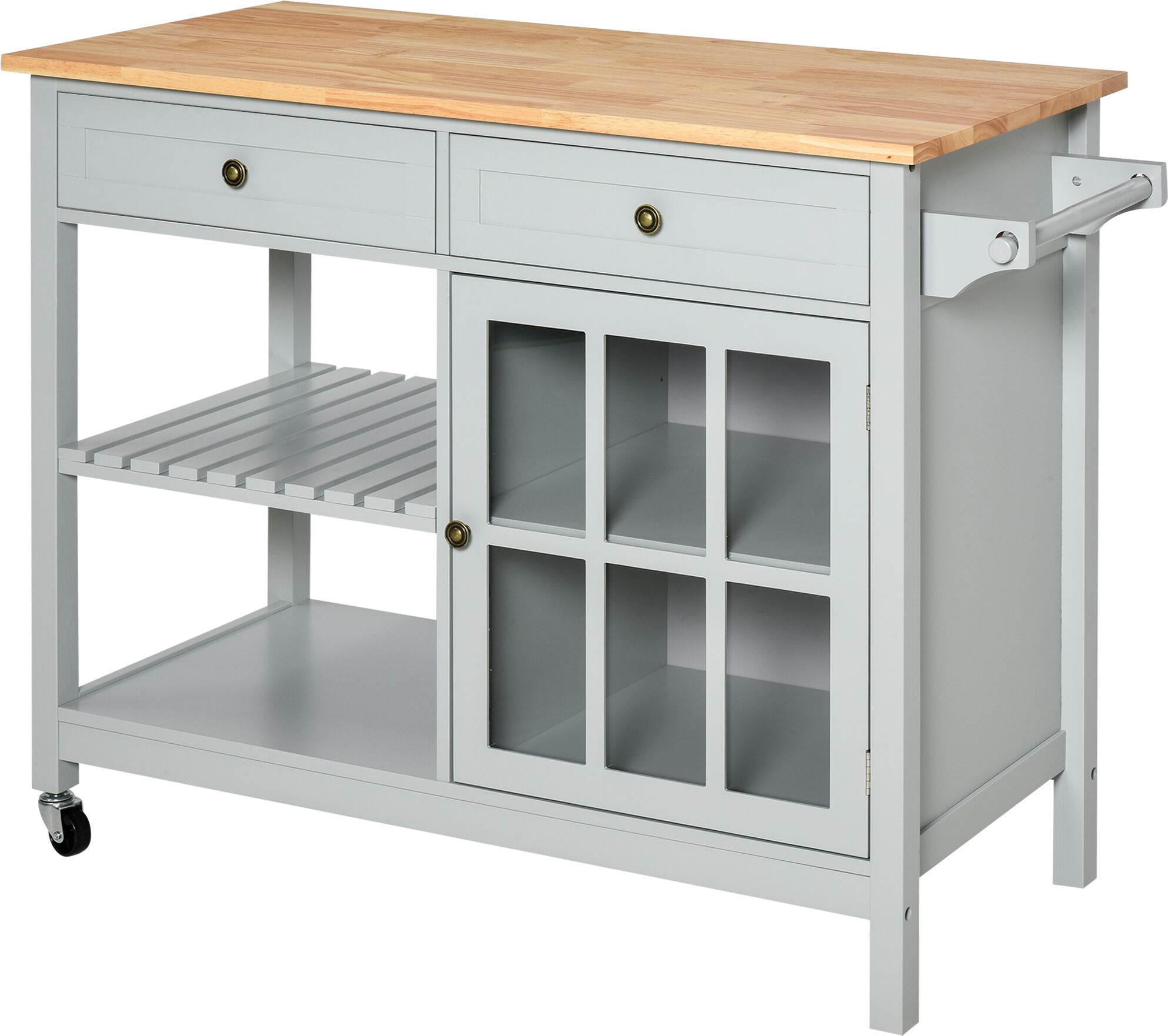 HOMCOM Kitchen Storage Trolley, Grey with Rubber Wood Top, Towel Rack, 2 Cabinets, and Drawers for Ample Storage   Aosom.com