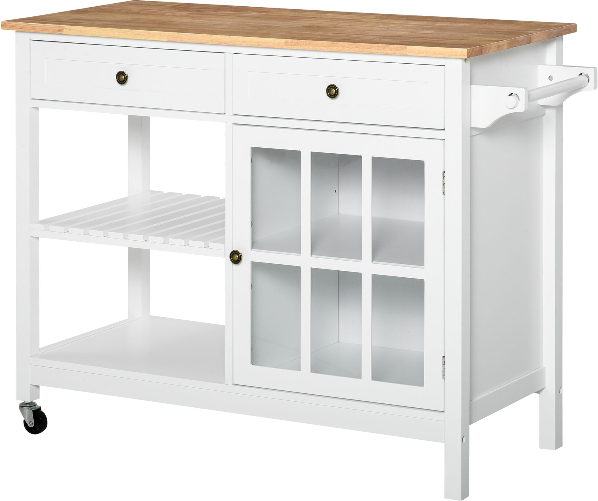 HOMCOM Kitchen Storage Trolley, White with Rubber Wood Top, Towel Rack, 2 Cabinets, and Drawers, Versatile Use   Aosom.com