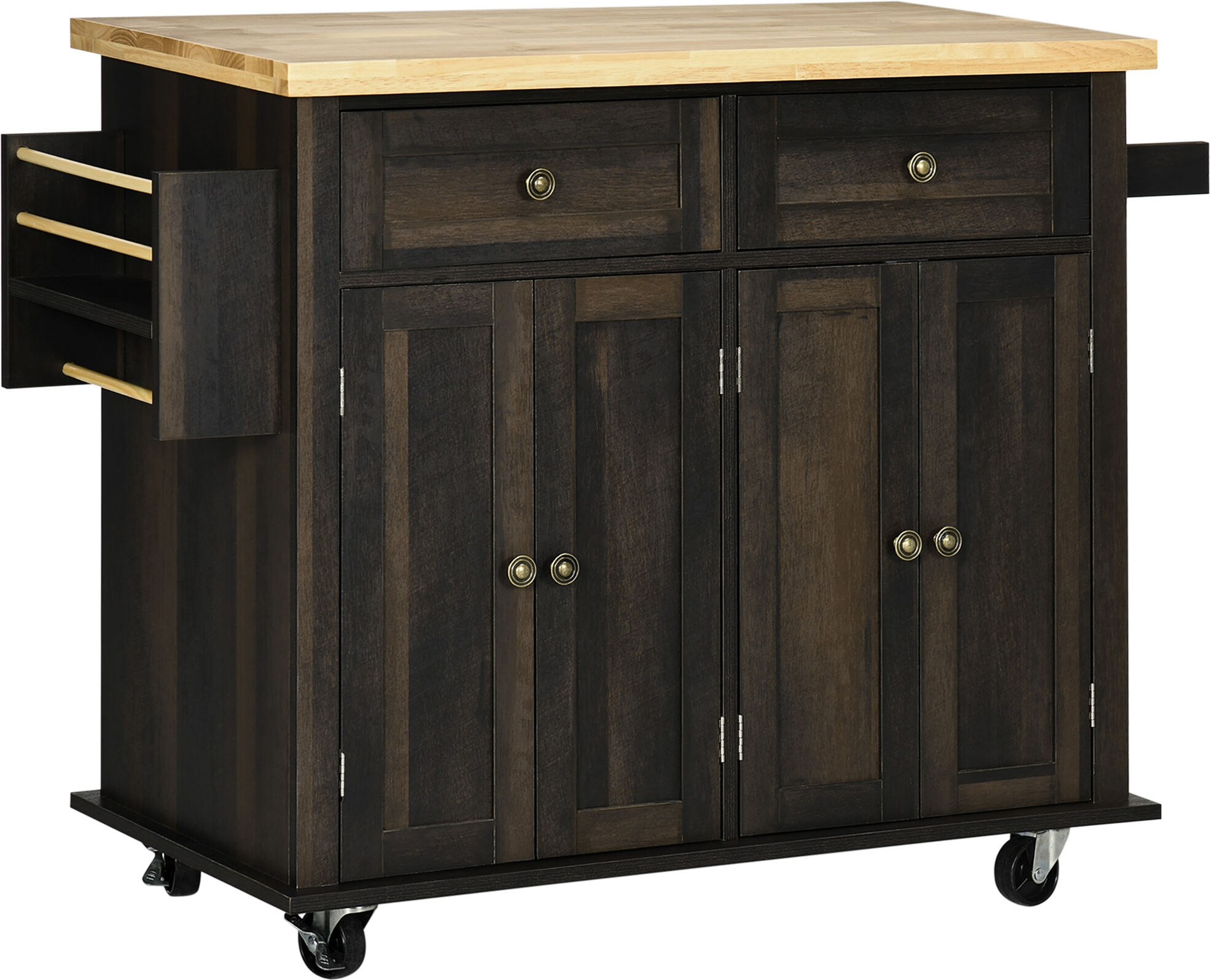 HOMCOM Kitchen Cart on Wheels, Rolling Kitchen Cart with Rubberwood Top, Spice Rack, Towel Rack and Drawers for Dining Room, Brown Oak