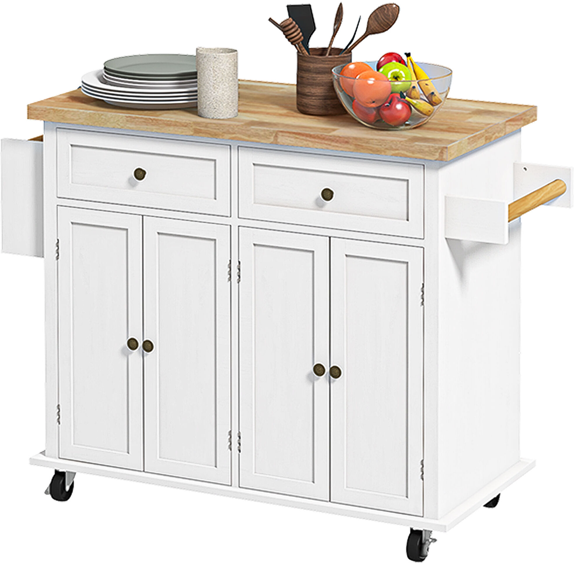 HOMCOM Rolling Kitchen Island Cart, White with Rubberwood Top, Spice and Towel Rack, and Drawers for Storage   Aosom.com