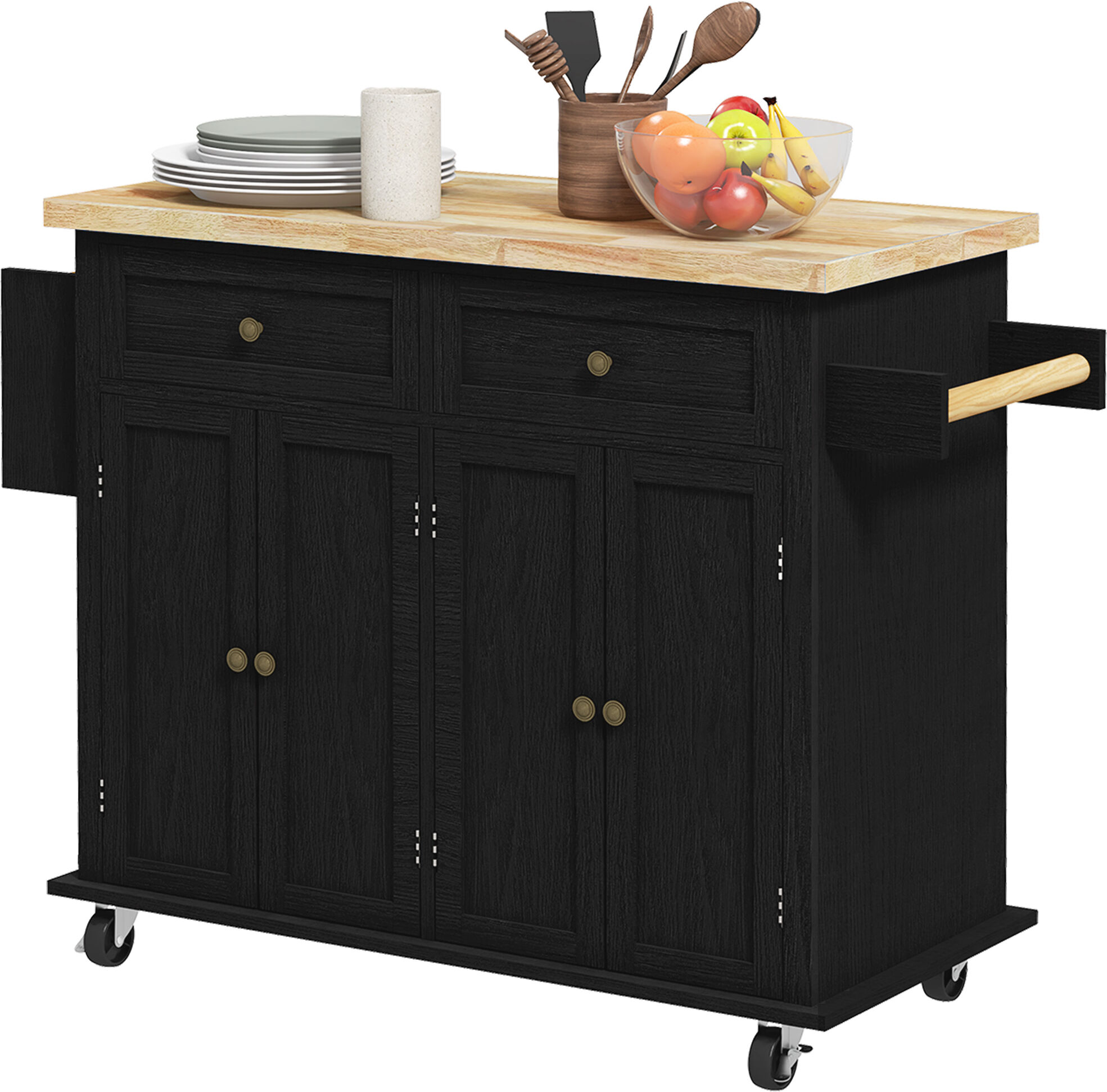 HOMCOM Kitchen Island Cart Black Rolling with Rubberwood Top Spice Rack Towel Rack Drawers for Dining Room   Aosom.com