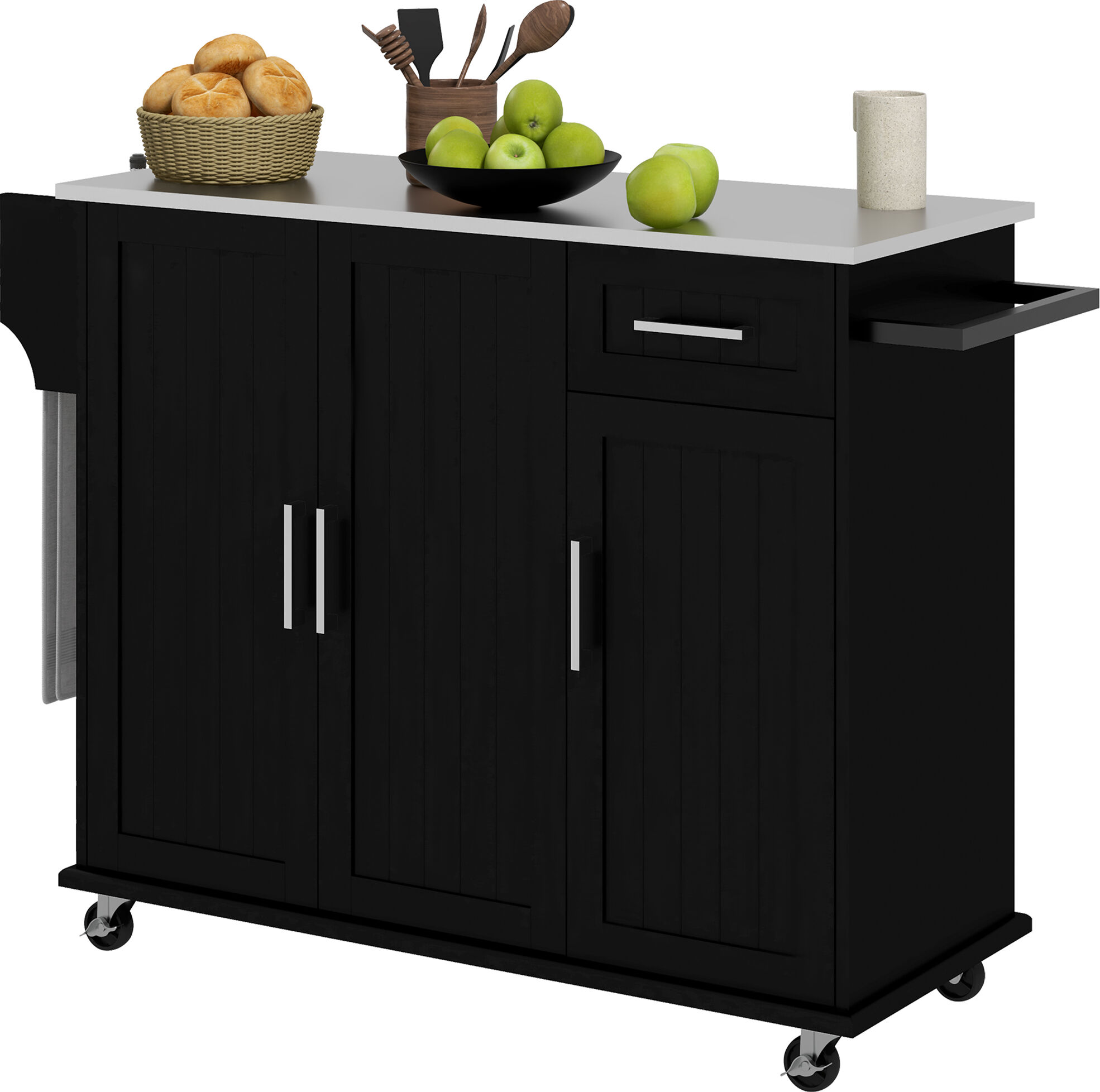 HOMCOM Mobile Kitchen Command: Black Rolling Island with Stainless Top, Drawers, Cabinets & Racks   Aosom.com