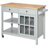 HOMCOM Kitchen Storage Trolley, Grey with Rubber Wood Top, Towel Rack, 2 Cabinets, and Drawers for Ample Storage   Aosom.com