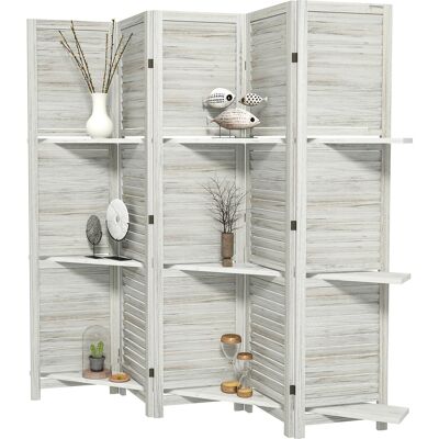 HOMCOM 5 Panel 67" Tall Wood Privacy Screen Room Divider with 3 Shelves and Folding Storage for Bedroom, Distressed White HOMCOM 5 Panel 67" Tall Wood Privacy Screen Room Divider with 3 Shelves and Folding Storage for Bedroom, Distressed White