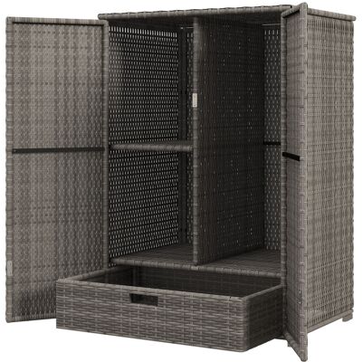Outsunny Outdoor PE Rattan Wicker Towel Rack, Pool Toy Cabinet, Hot Tub Accessory Storage, Freestanding Cabinet w/ 2 Doors & Drawer for Spa, Dark Gray Outsunny Outdoor PE Rattan Wicker Towel Rack, Pool Toy Cabinet, Hot Tub Accessory Storage, Freestanding Cabinet w/ 2 Doors & Drawer for Spa, Dark Gray