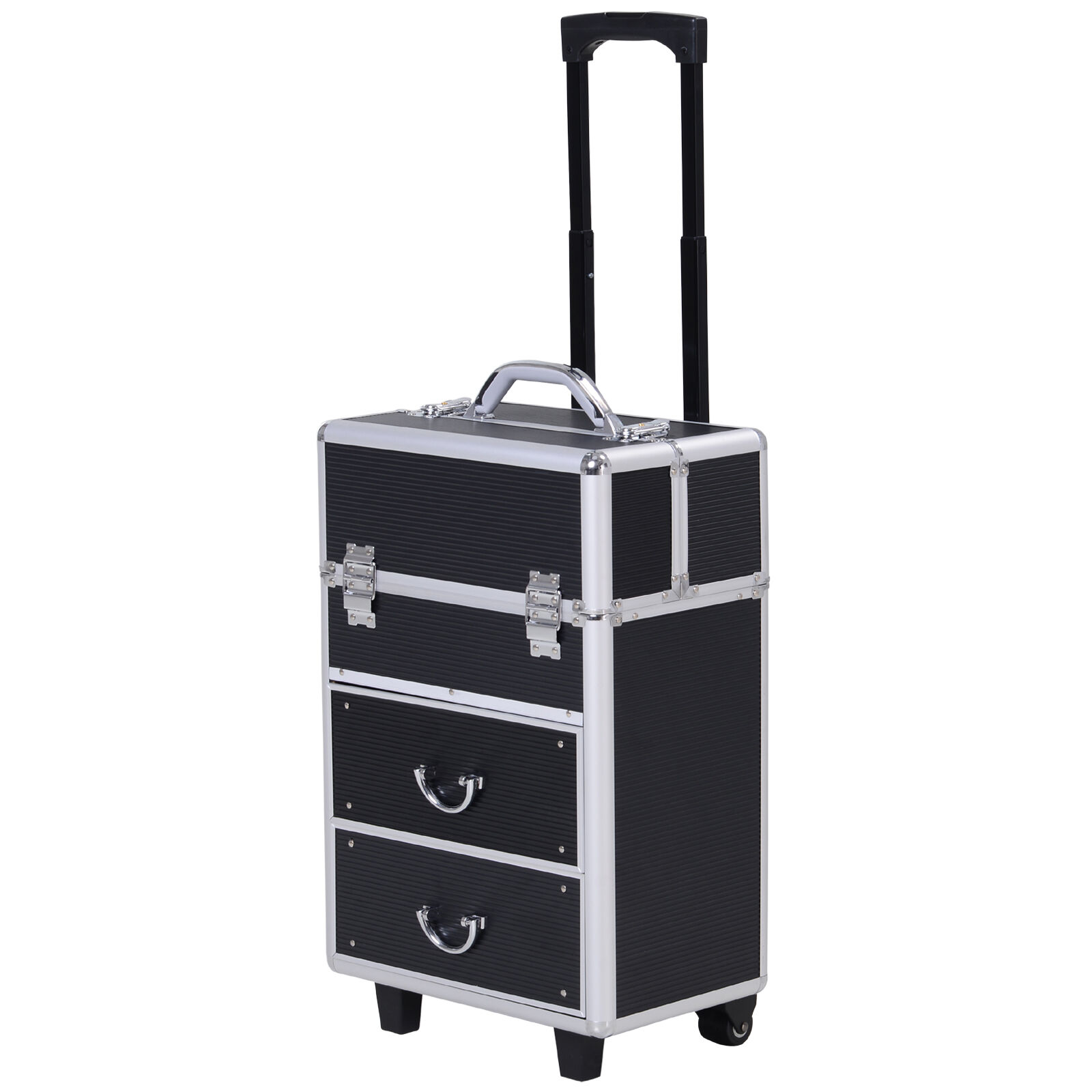 HOMCOM Professional Rolling Full Makeup Travel Train Case, Large Storage Cosmetic Trolley with Folding Trays, Drawer and Locks, Black